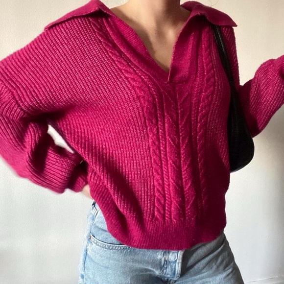 Pink Cable Knit Collared V-Neck Sweater (XL) - Picture 3 of 11